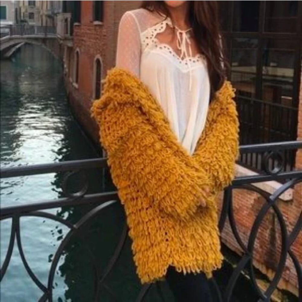 For Love &‎ Lemons Knitz Joplin Cardigan READ Burnt Orange Knit Shaggy Loop S